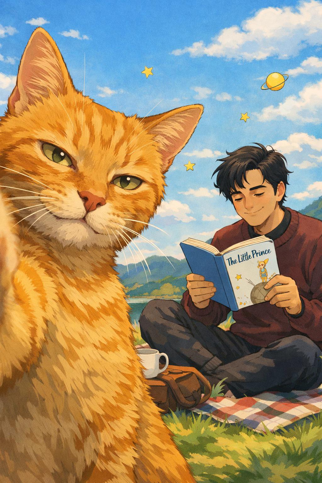 Comic-style picture of a cat takeing a selfie with Oyon sitting in the grass behind it reading "The little prince" by Antoine de Saint-Exupéry.